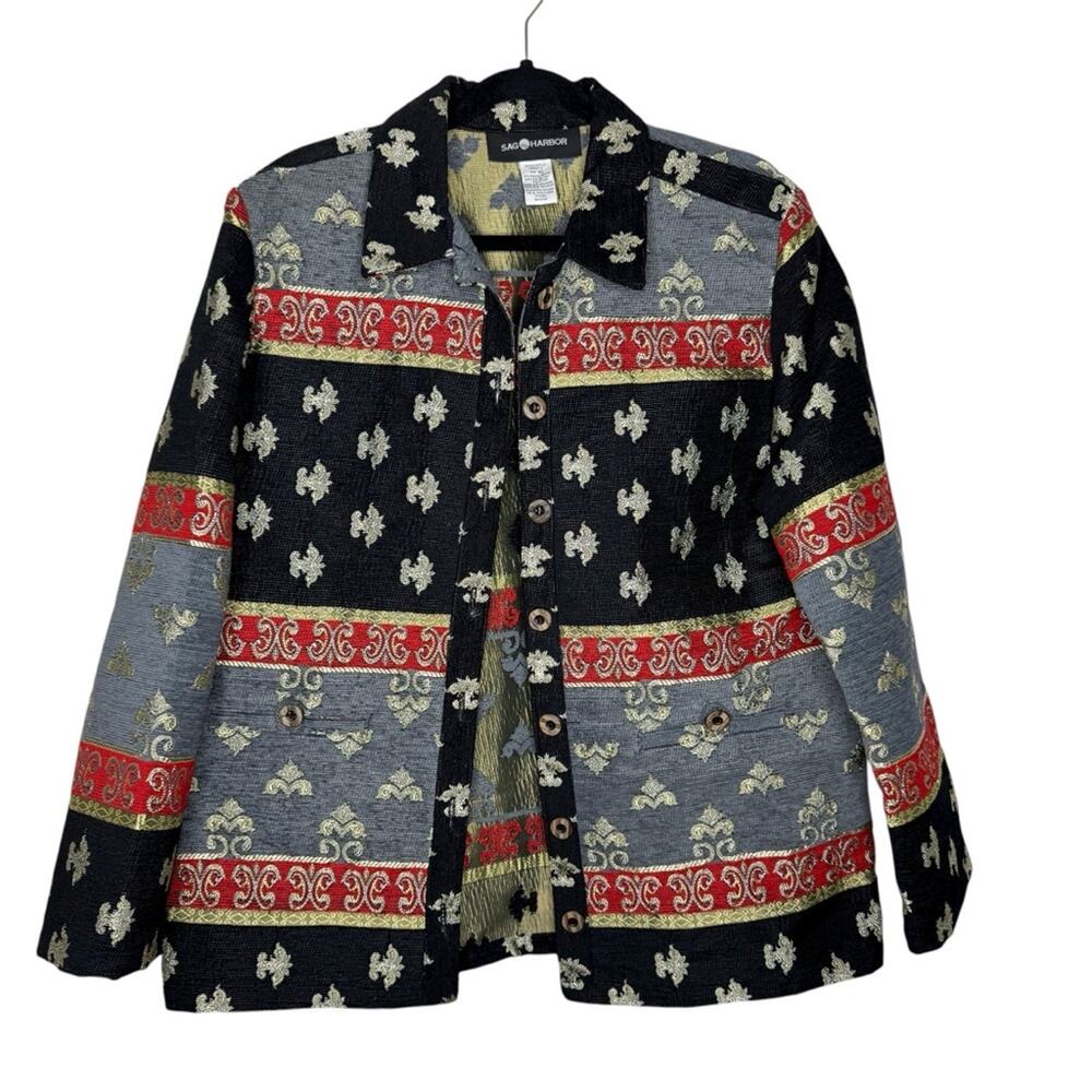 SAG HARBOR / vintage red black gray brocade tapestry Asian inspired jacket / 10